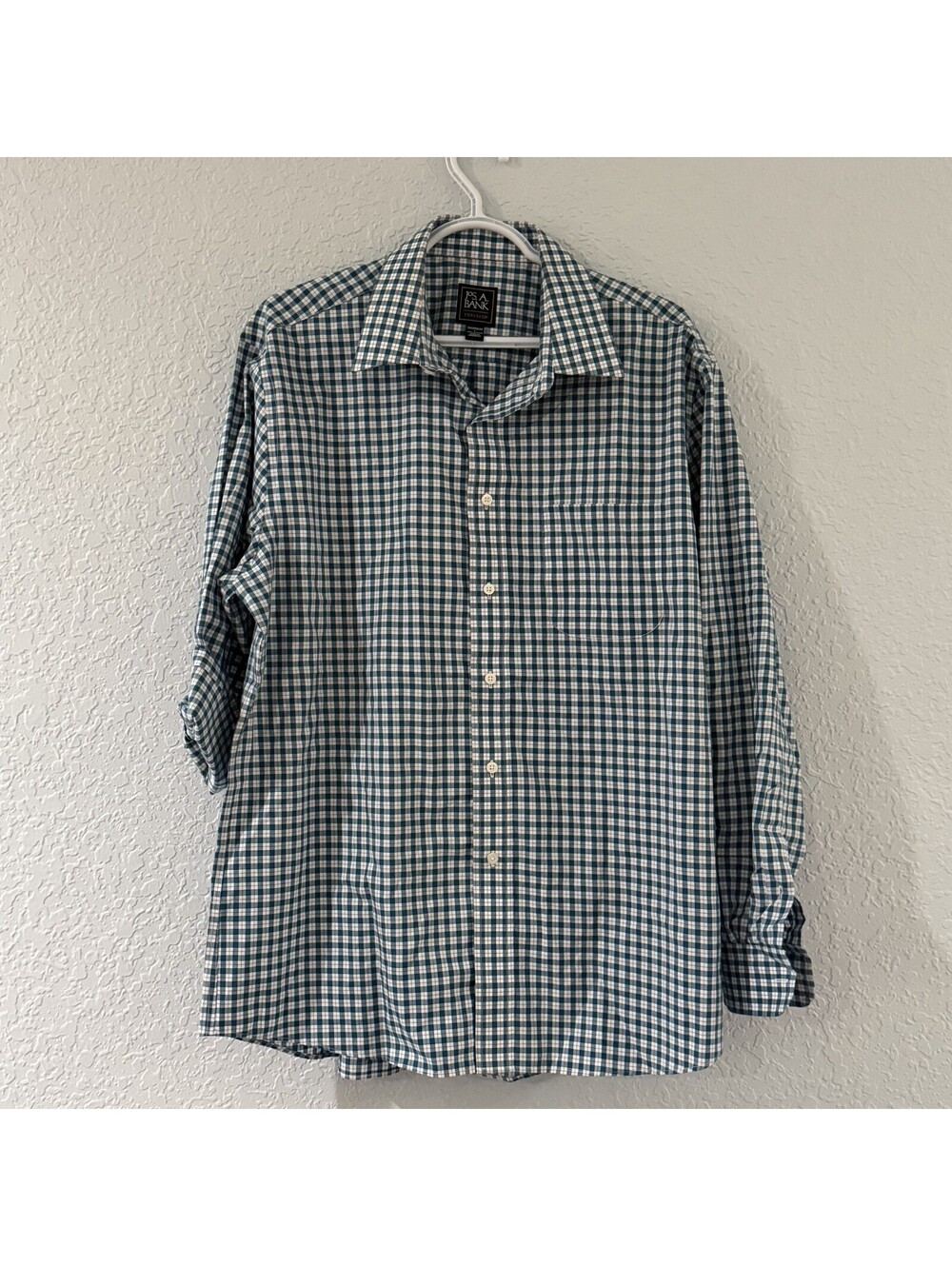 Jos A Bank Traveler Tailored Fit Large Teal Check‎ 100% Cotton Dress Shirt L